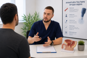 רופא מסביר למטופל על טיפול בגלי הלם להחזרת הזקפה הגברית במהלך פגישת ייעוץ