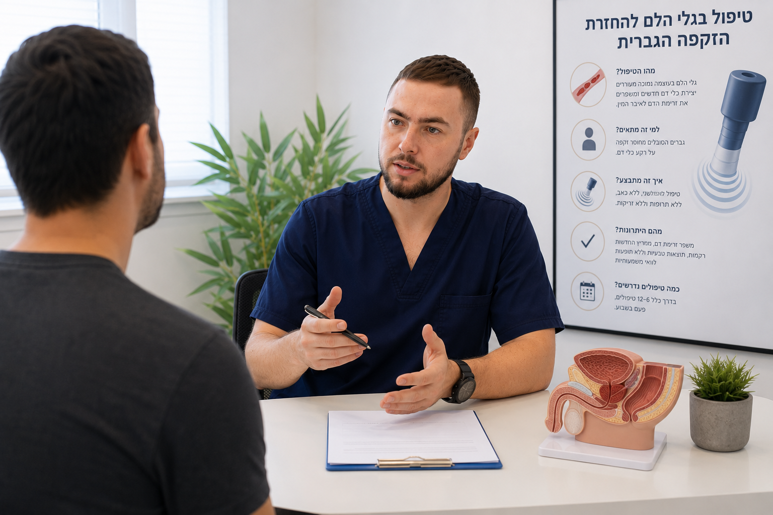 רופא מסביר למטופל על טיפול בגלי הלם להחזרת הזקפה הגברית במהלך פגישת ייעוץ