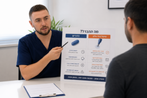 רופא מסביר למטופל את ההבדלים בין טיפול ESWT בגלי הלם לבין ויאגרה וכדורי זקפה במהלך פגישת ייעוץ.